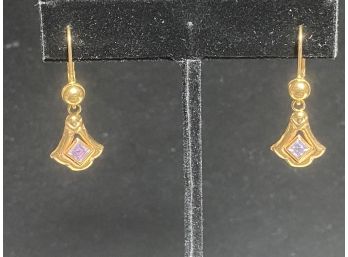 14k Vintage Made In Italy Purple Stone Lever Back Earrings