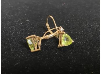 14k Vintage Natural Peridot Diamond Lever Back Earrings Trillion Cut