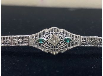 14k White Gold Filigree Emerald Diamond Bracelet