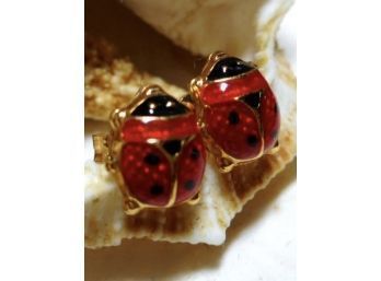 14k Milros Enameled Ladybug Earrings .88g