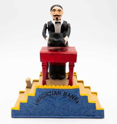 Mechanical Bank, Magician Bank With Top Hat, Trick Table And Stage -  Heavy - Metal