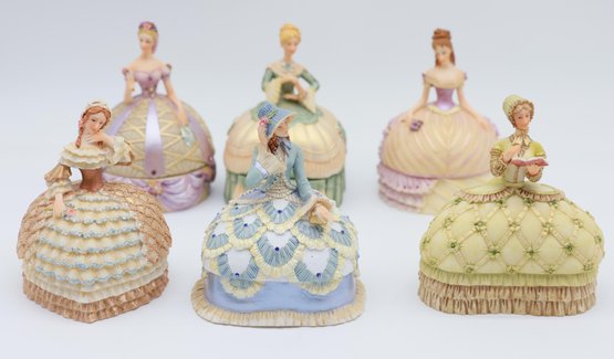 Victorian Lady Dresser Powder JarsTrinket Boxes Dressed - 6 Total