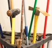 Lot Of Assorted Yard Tools, Rakes, Mops, Push Broom Sledgehammer  - Stand Included