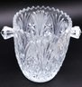Lead Crystal Pressed Glass Vtg Ice Bucket W/ Saw Tooth Edges & Knob Handels