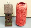 Metal Lantern, Metal And Wood Bird House With Floral Design