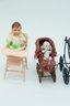 Vintage Doll's Prams (3) Vintage Miniatures Dollhouse High Chair W/ Baby - 3 Antique Miniature Bisque Dolls