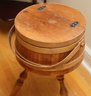 Vintage Mid Century Round Natural Wood Sewing Bucket With Stand Side/End Accent Table
