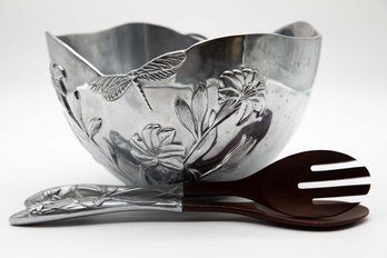 Lenox Aluminum 12' Salad Serving Bowl Floral Dragonfly Metal, Matching Serving Spoons Included
