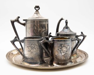 Sheffield Plate Set - Large Plate, Cups, Antique Teapot Silver Plate Etched Flower, Long Neck Coffee/Teapot
