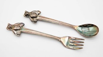 Child Size Fork & Spoon With Teddy Bear Silver Plated - In Tiffany Pouch