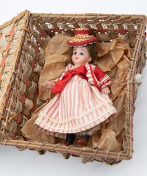 VINTAGE MINIATURE BISQUE COUNTRY GIRL RED/WHITE DRESS/HAT DOLL In Basket