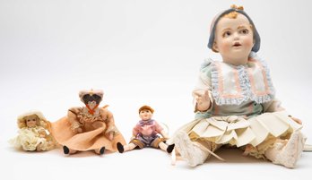 Lot Of 4 Vintage Dolls, RARE GERMAN BISQUE CHARACTER IN BONNET, Department 56, Le Bamvole Di Arianna
