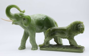 Green Resin Large Elephant With Tusks & Lion