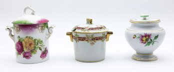 Hand Painted Nippon Covered Jelly Jar - Vintage Porcelain Covered Jam Jars - 3 Total