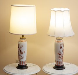 Pair Of Antique Hand Painted Japanese Porcelain Lamps - Tested -