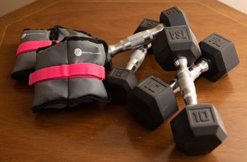 Lot Of Weights & Ankle Weights - Pair Of 10 LB Dumbells & Pair Of 5 LB Weights