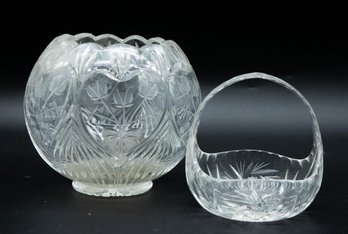Vintage Cut Glass Basket W/ Vase