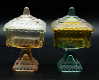 Jeannette Glass Wedding Bowl Lid Square Pedestal Candy Dish Amber Green, Pair - Vintage