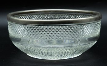 VINTAGE Cut Glass Serving Bowl Candy Dish W/ Silver Plated Metal Rim