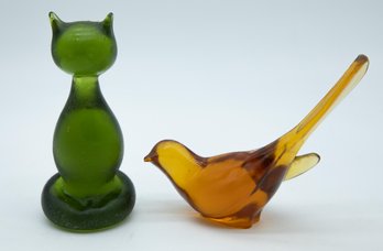 Vintage Fenton Glass Bird Long Tail Amber (Unmarked) - Viking Glass Cat - Home Decor