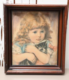 Vintage Victorian Girl Holding Kitten - Framed - Signed J, Stone 1889