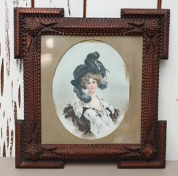 Fashion Print Victorian Lady In High Fashion Hat - Collectibles - Beautiful Wooden Ornate Frame