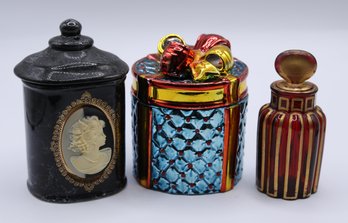 Vintage Albert E Price 'The Cameo Collection' Black Marble Ceramic Box, Colorful Bowed Trinket Box & Perfume