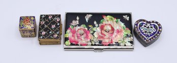 3 Trinket Boxes & Metal Business Card Case Roses And Butterflies