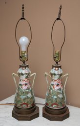 Chinese Mid 20th Century Hand Painted Porcelain Lamps - Pair - Tested