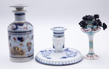 Antique Porcelain Pin Holder, VINTAGE VICTORIAN STYLE LADIES HEAD PORCELAIN CHAMBER STICK BLUE & WHITE