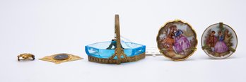 Blue Intaglio Floral Trinket Tray Sitting In Brass, Vintage Hand Fan Clock, Vintage Limoges French Plates