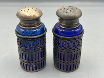 Sterling Cobalt Blue Glass Salt & Pepper Shaker Set - 2 Total - 1.60 OZT Total