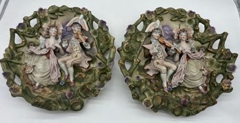 Hand Painted Bisque Porcelain Wall Decor - Made In Japan - 2 Total