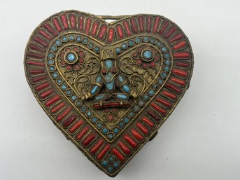 Vintage Tibetan Buddha Red Coral & Turquoise Heart Shaped Brass Trinket Box