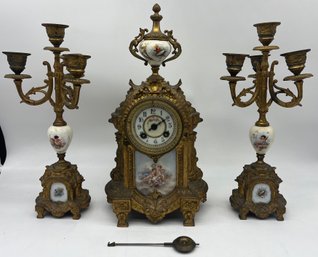 Ornate 19th Century French H & H Brass-tone Mantle Clock With Candelabra Set - 3 Pieces Total