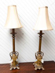 2 Rustic Ornate Table Lamps Urn Style Brushed Bronze Gold With Shade
