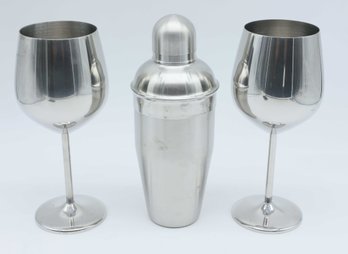 Stainless Steel Shaker W/ Pair Of Wine Glasses