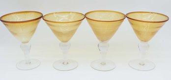 Vintage Hand Blown Controlled Bubble Wine Goblets In Amber Cut To Clear