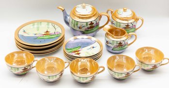1920-30s, Lusterware, Japan, Variant Polychrome Blue Willow 20pc Tea Set - Rare