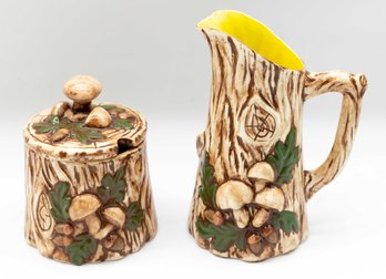 VTG MCM Mushroom Pitcher Vase Orange Brown Woodgrain Acorns Holland Mold & Sugar Bowl