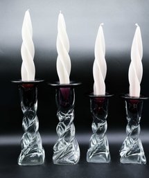 VINTAGE SET BLOWN ART GLASS HEAVY CANDLESTICK HOLDERS PLUM & CLEAR GLASS - Set Of 4