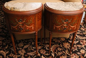 Vintage Victorian Hand Painted Marble Top Half Moon End Tables, New York Galleries USA