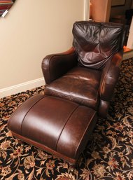 Brown Leather & Rattan Club Chair W/ Matching Ottoman