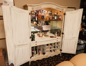 Kenmore Fine Furniture Off  White Distressed Vintage Bar/Coffee Bar Armoire