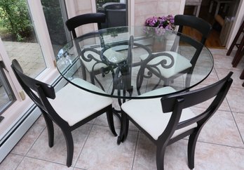 Wrought Iron Table With Glass Top 48' Diameter  - 4 Wooden Dining Chairs Included