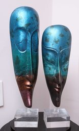 Set Of 2 Ceramic Masks On Acrylic Stands - Ruku Tecknique