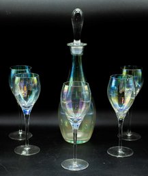 Vintage Tall Clear Iridescent Glass Alcohol Decanter & Stopper Retro 1960s 1970s Barware W/ Matching Glasses