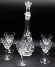 Tall Blown Glass Etched Decanter With Stopper & Matching Glasses