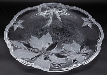 Vintage Large Round Glass Christmas Platter/Serving Tray Clear And Frosted Glass Scalloped Edge