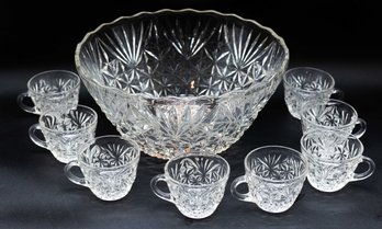 Vintage Arlington Pattern Punch, Clear Glass Punch Bowl & 8 Cups